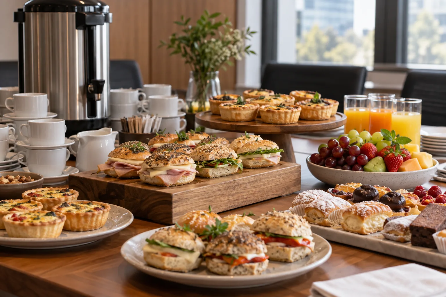 Imagen ilustrativa generada con IA de un coffee break corporativo con café, bocados y fruta