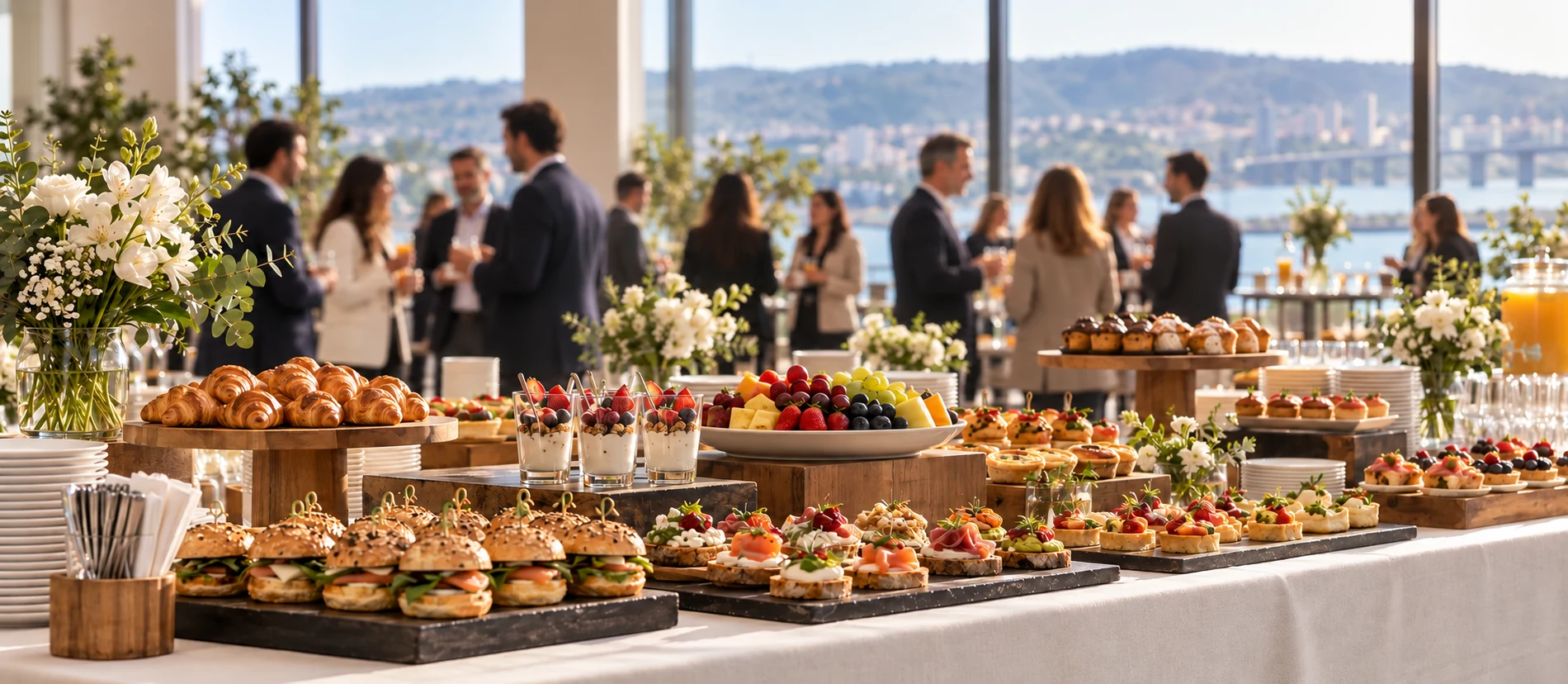 Buffet corporativo con preparaciones en primer plano y asistentes conversando suavemente desenfocados al fondo